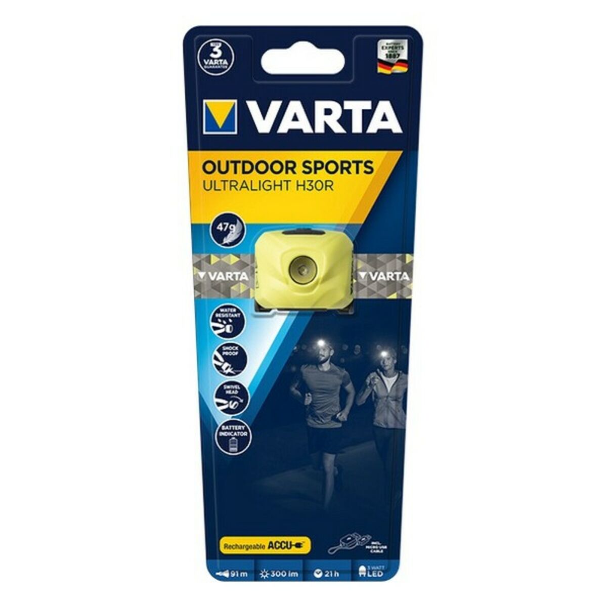 LED Head Torch Varta H30R 300 lm IPX4 3 W Yellow